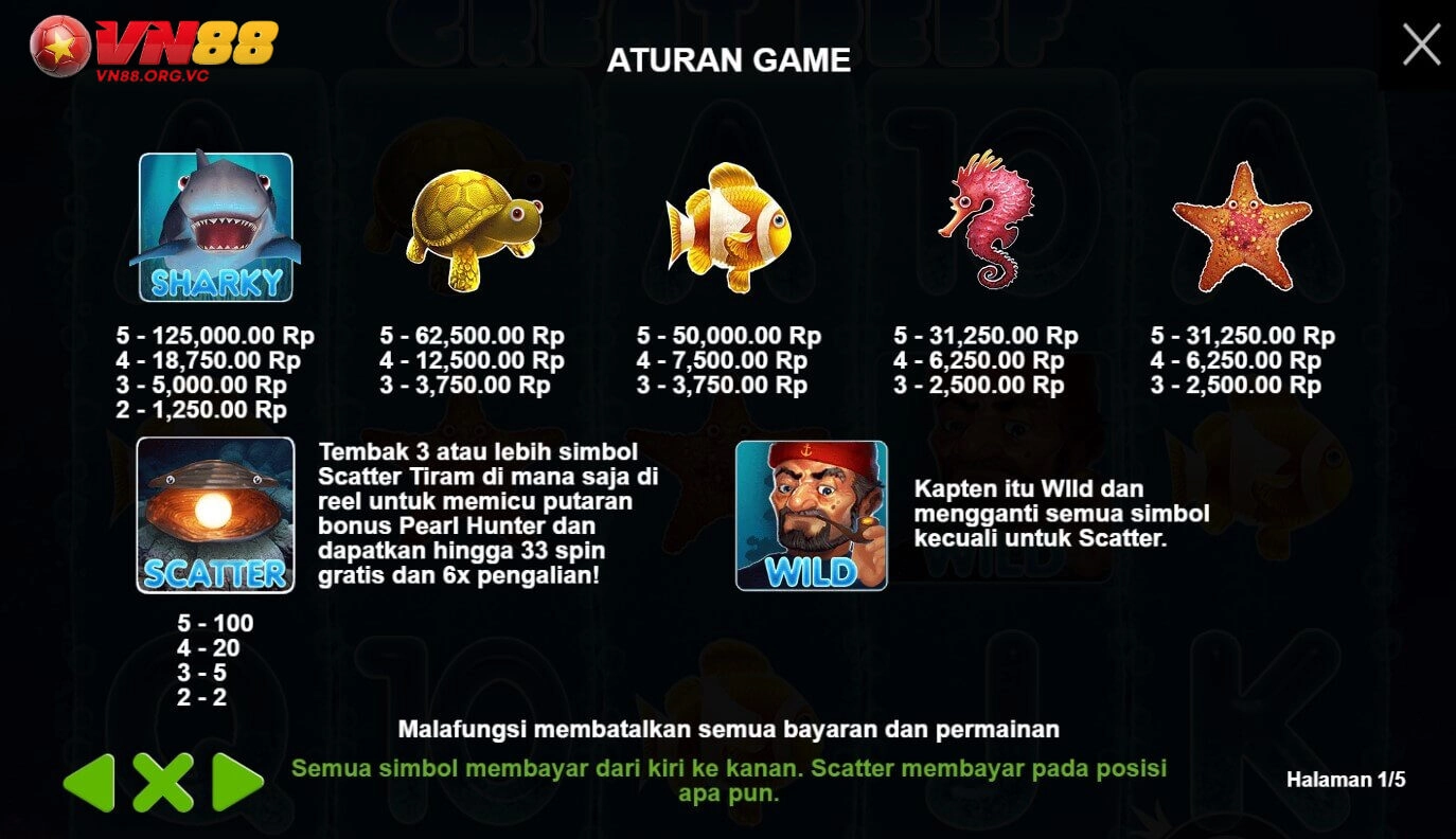 Great Reef VN88 - Hành Trình Săn Kho Báu Đại Dương 2 Bảng thanh toán biểu tượng trong game Great Reef